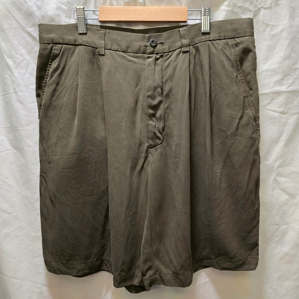 Caribbean Joe Army GreenMens Silk Pleated Relaxed Fit Shorts Olive Green 34